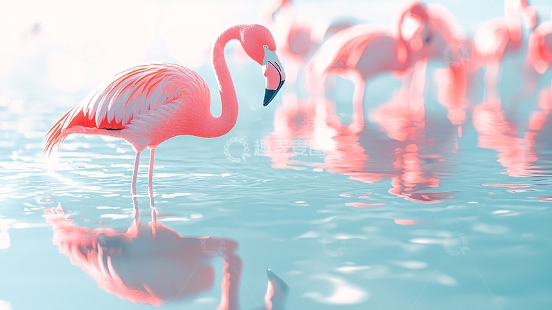 高清大图下载【趣麦麦图】粉红火烈鸟在水中觅食