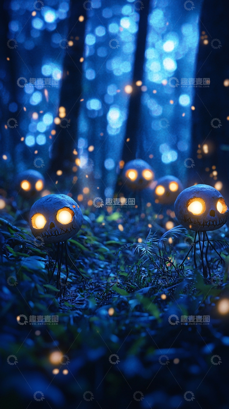 高清大图下载【趣麦麦图】森林中的发光南瓜灯