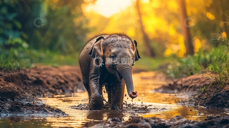 高清大图下载【趣麦麦图】夕阳下的小象泥浴