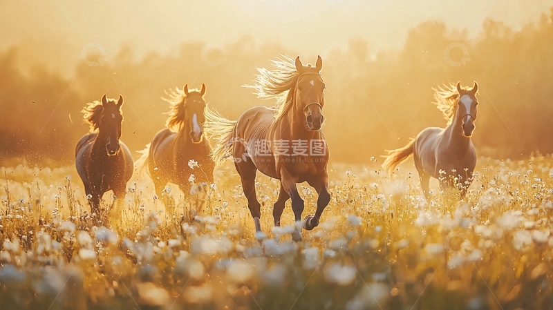 高清大图下载【趣麦麦图】晨光中的骏马奔跑在花海中