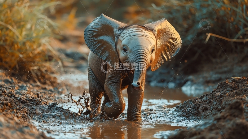 高清大图下载【趣麦麦图】小象在泥潭中嬉戏