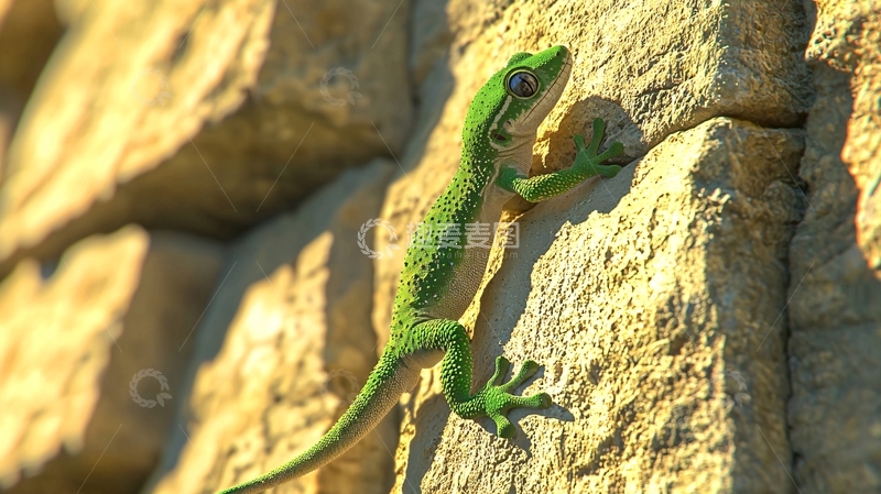 高清大图下载【趣麦麦图】绿色壁虎爬墙特写