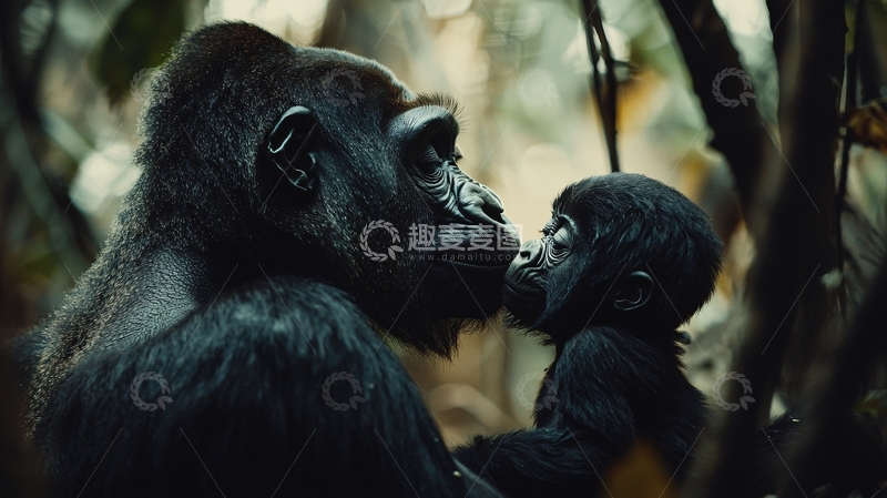 高清大图下载【趣麦麦图】母猩猩与幼崽亲密互动