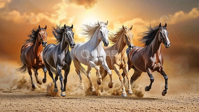 高清大图下载【趣麦麦图】五匹骏马奔腾在夕阳下