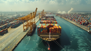 集装箱货轮与港口景观