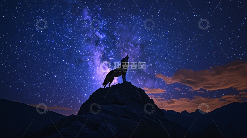 高清大图下载【趣麦麦图】夜空下的狼嚎叫山巅