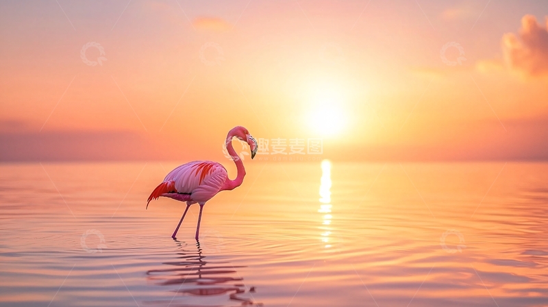 高清大图下载【趣麦麦图】粉红火烈鸟日落海景