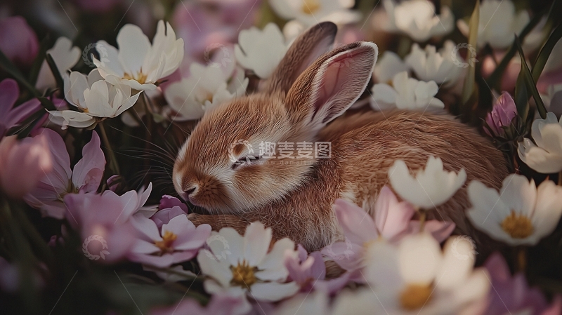 高清大图下载【趣麦麦图】小兔子在花丛中睡觉