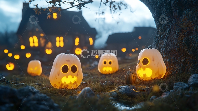 高清大图下载【趣麦麦图】万圣节南瓜灯与老宅夜景