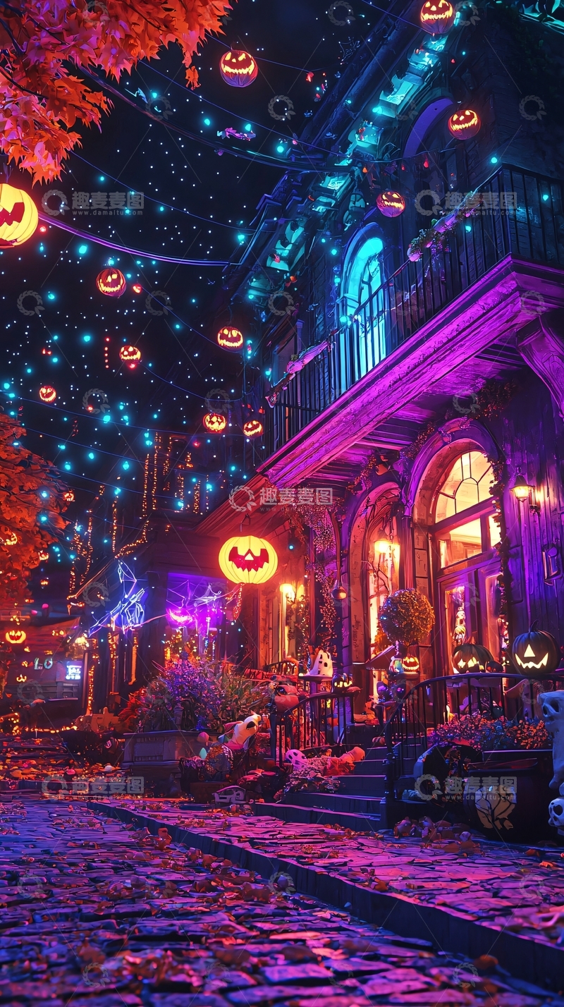 高清大图下载【趣麦麦图】万圣节装饰的复古建筑夜景