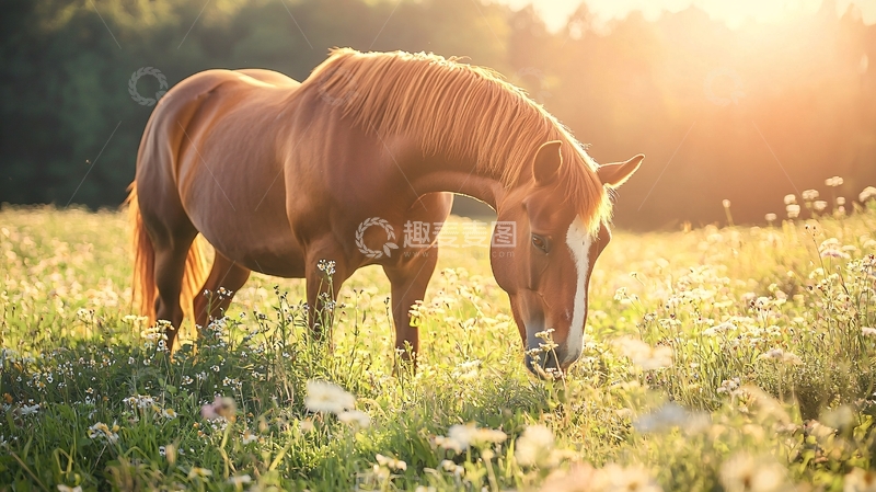 高清大图下载【趣麦麦图】夕阳下的骏马在花丛中觅食