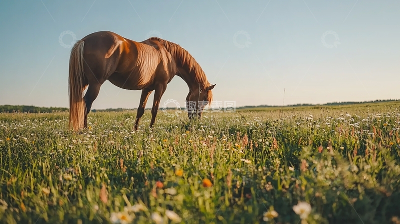 高清大图下载【趣麦麦图】草原上的骏马与野花