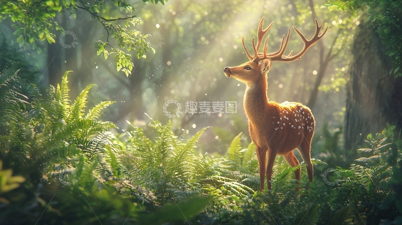 高清大图下载【趣麦麦图】晨光中的鹿与森林