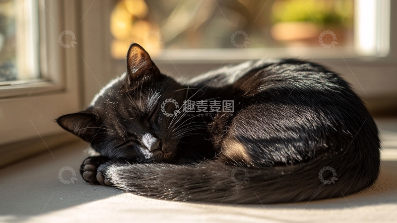 高清大图下载【趣麦麦图】黑猫在阳光下睡觉
