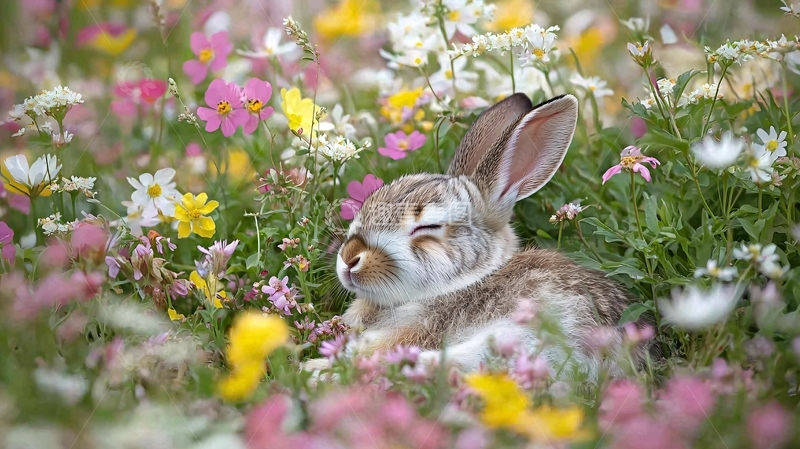 高清大图下载【趣麦麦图】花丛中的小兔子