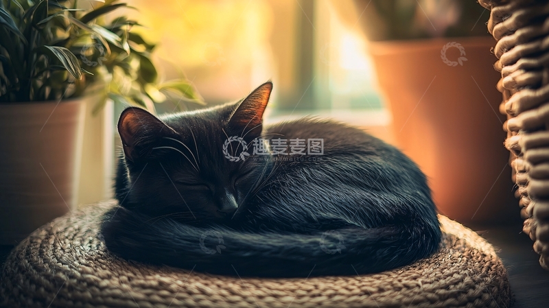 高清大图下载【趣麦麦图】黑猫在阳光下熟睡
