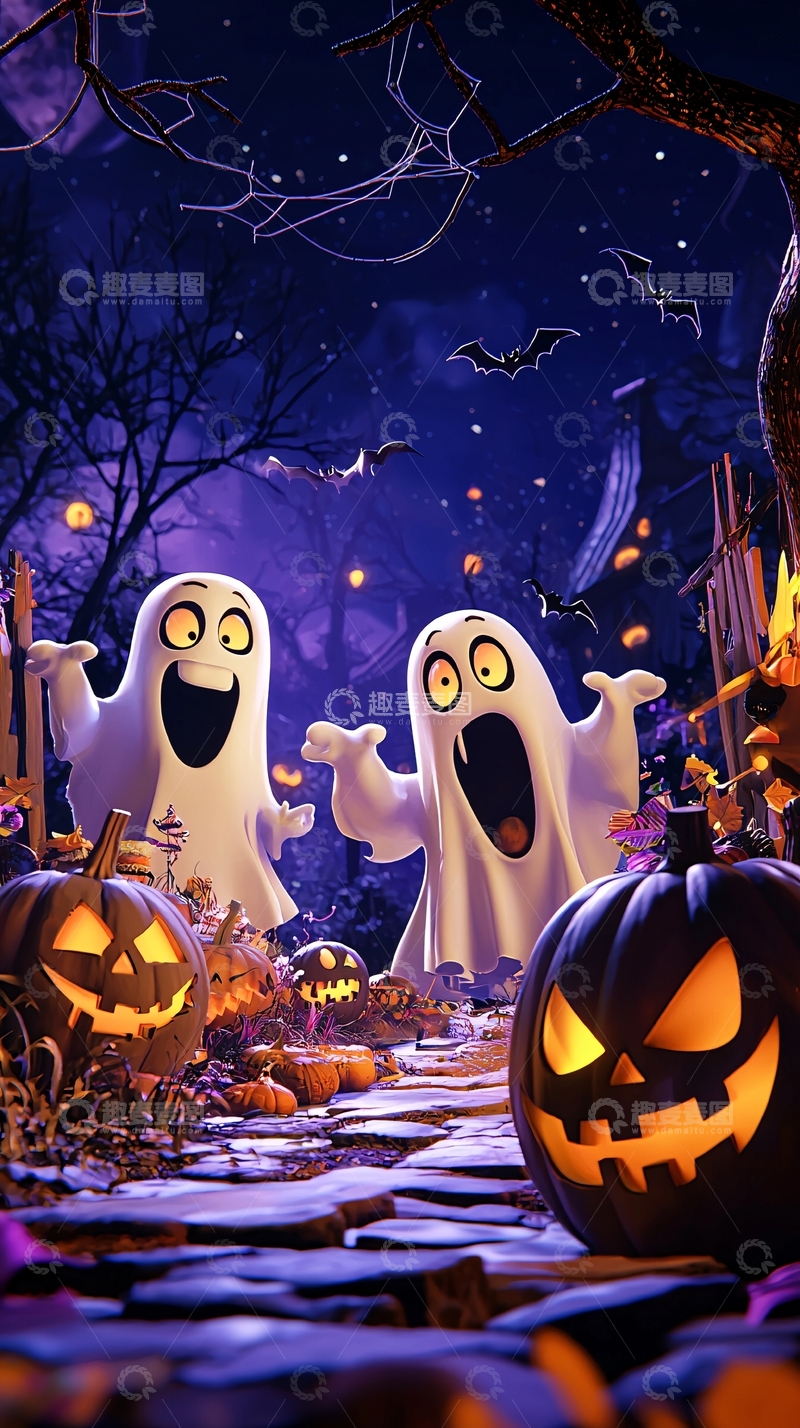 高清大图下载【趣麦麦图】万圣节鬼魂南瓜灯夜景