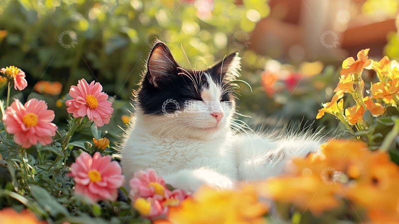 高清大图下载【趣麦麦图】猫咪在花丛中享受阳光