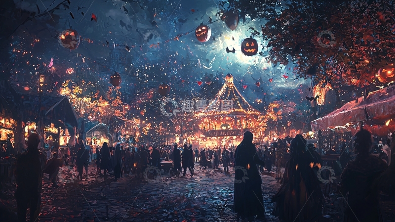 高清大图下载【趣麦麦图】万圣节夜晚集市