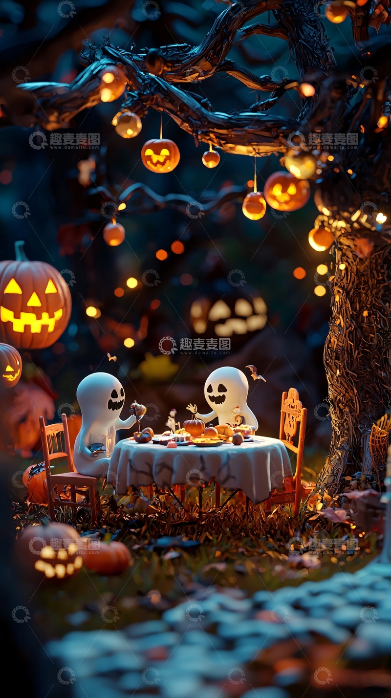 高清大图下载【趣麦麦图】万圣节幽灵餐桌夜景