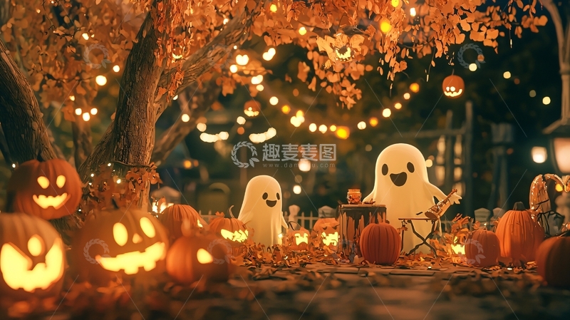 高清大图下载【趣麦麦图】万圣节夜晚南瓜灯和幽灵装饰