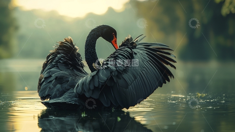 高清大图下载【趣麦麦图】黑天鹅在水面上展开翅膀