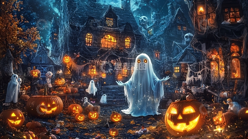 高清大图下载【趣麦麦图】万圣节鬼屋南瓜灯夜景