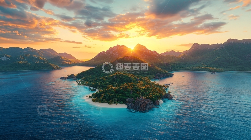 高清大图下载【趣麦麦图】彩霞中的热带岛屿