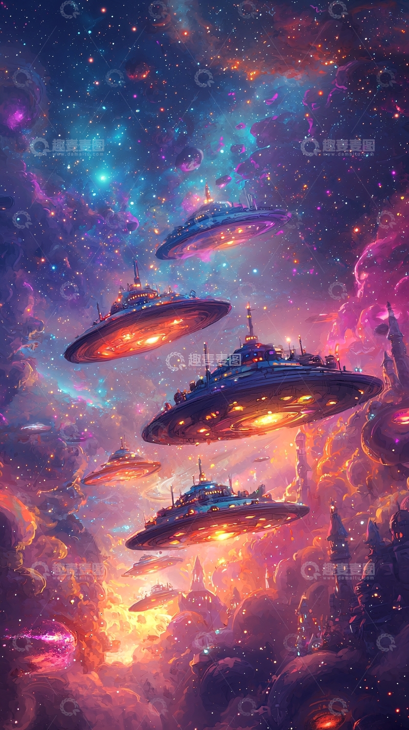 高清大图下载【趣麦麦图】星云里的光影船队