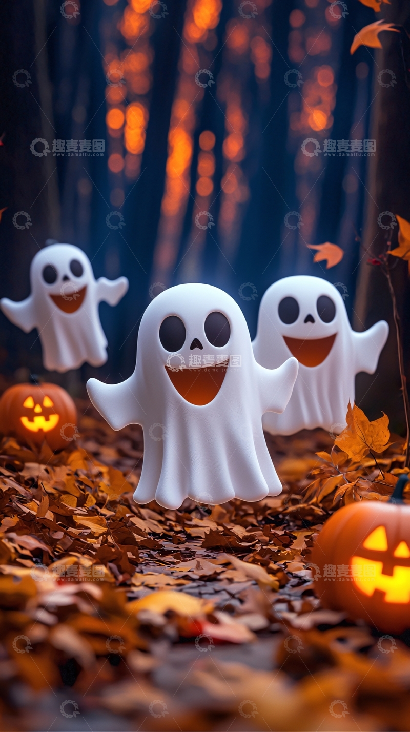 高清大图下载【趣麦麦图】万圣节森林中的鬼魂和南瓜灯