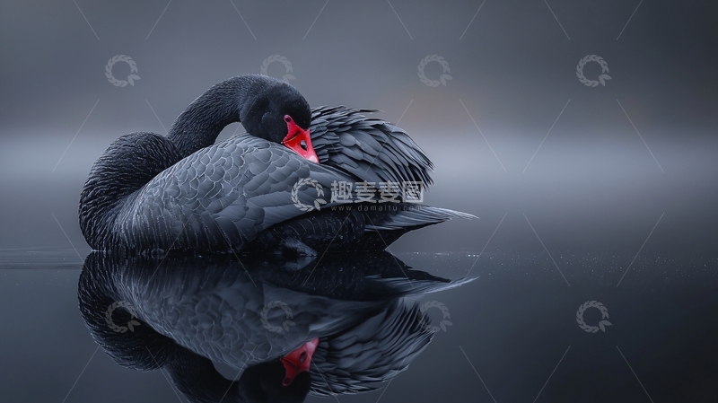 高清大图下载【趣麦麦图】黑天鹅在水中梳理羽毛