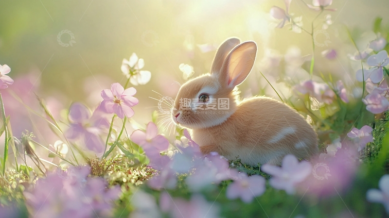 高清大图下载【趣麦麦图】阳光下的小兔子与花朵