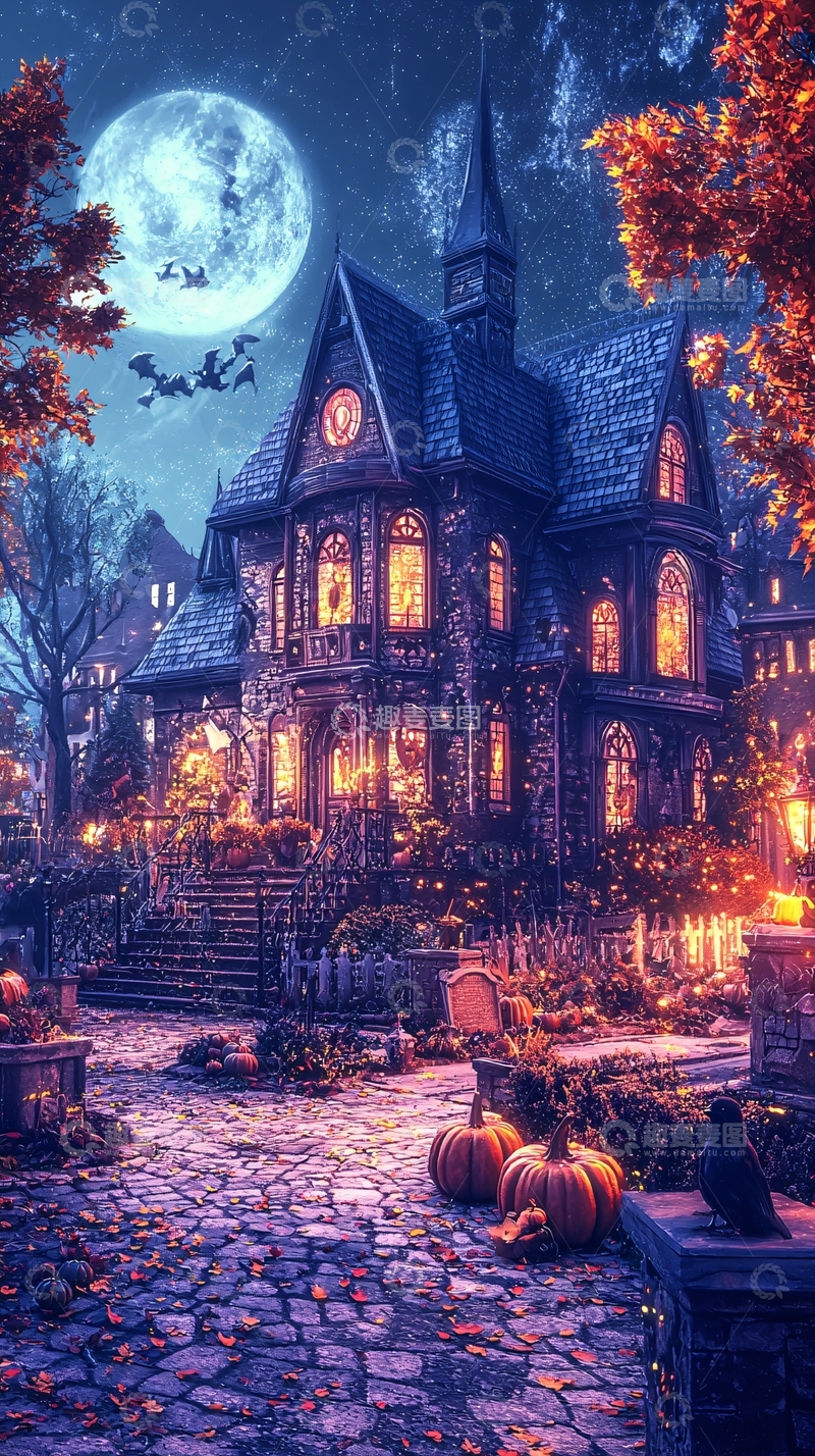 高清大图下载【趣麦麦图】万圣节夜景古堡南瓜灯
