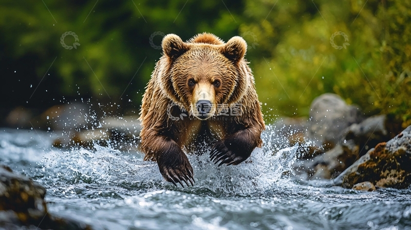 高清大图下载【趣麦麦图】棕熊在水中奔跑