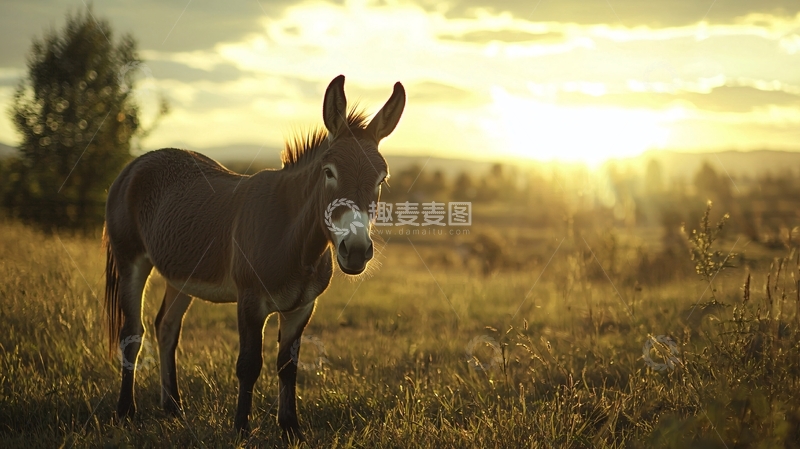 高清大图下载【趣麦麦图】夕阳下的小驴