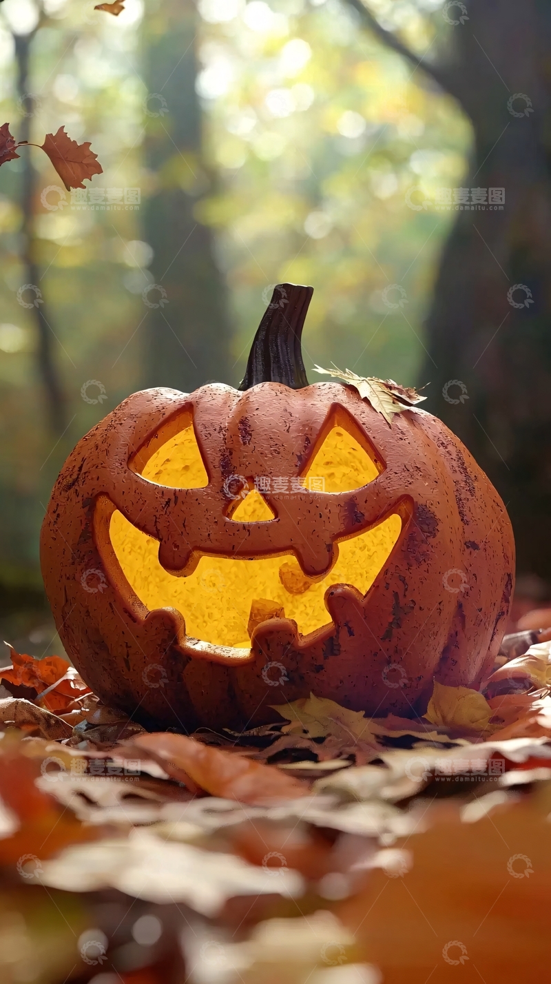 高清大图下载【趣麦麦图】秋日森林中的南瓜灯