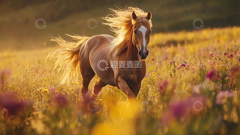 高清大图下载【趣麦麦图】奔跑的骏马在花海中