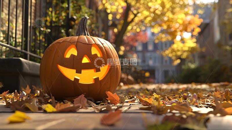 高清大图下载【趣麦麦图】秋日南瓜灯与落叶