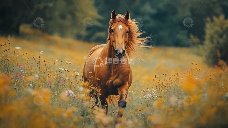 高清大图下载【趣麦麦图】骏马奔腾于花海中