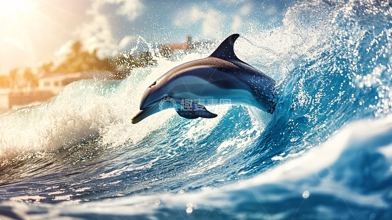 高清大图下载【趣麦麦图】海豚跃出水面的动态场景