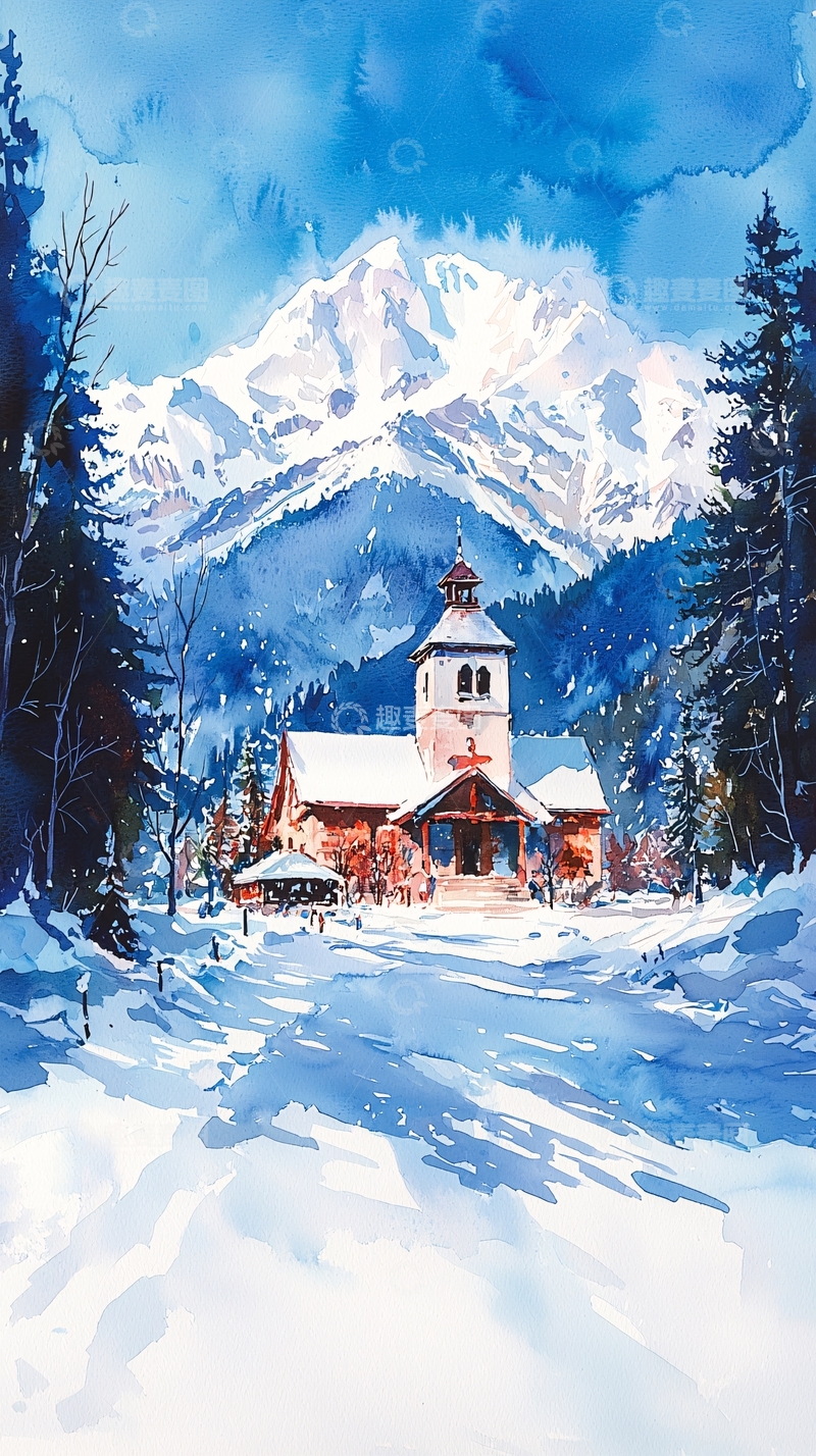高清大图下载【趣麦麦图】雪山脚下松林掩映的古楼阁与蓝天