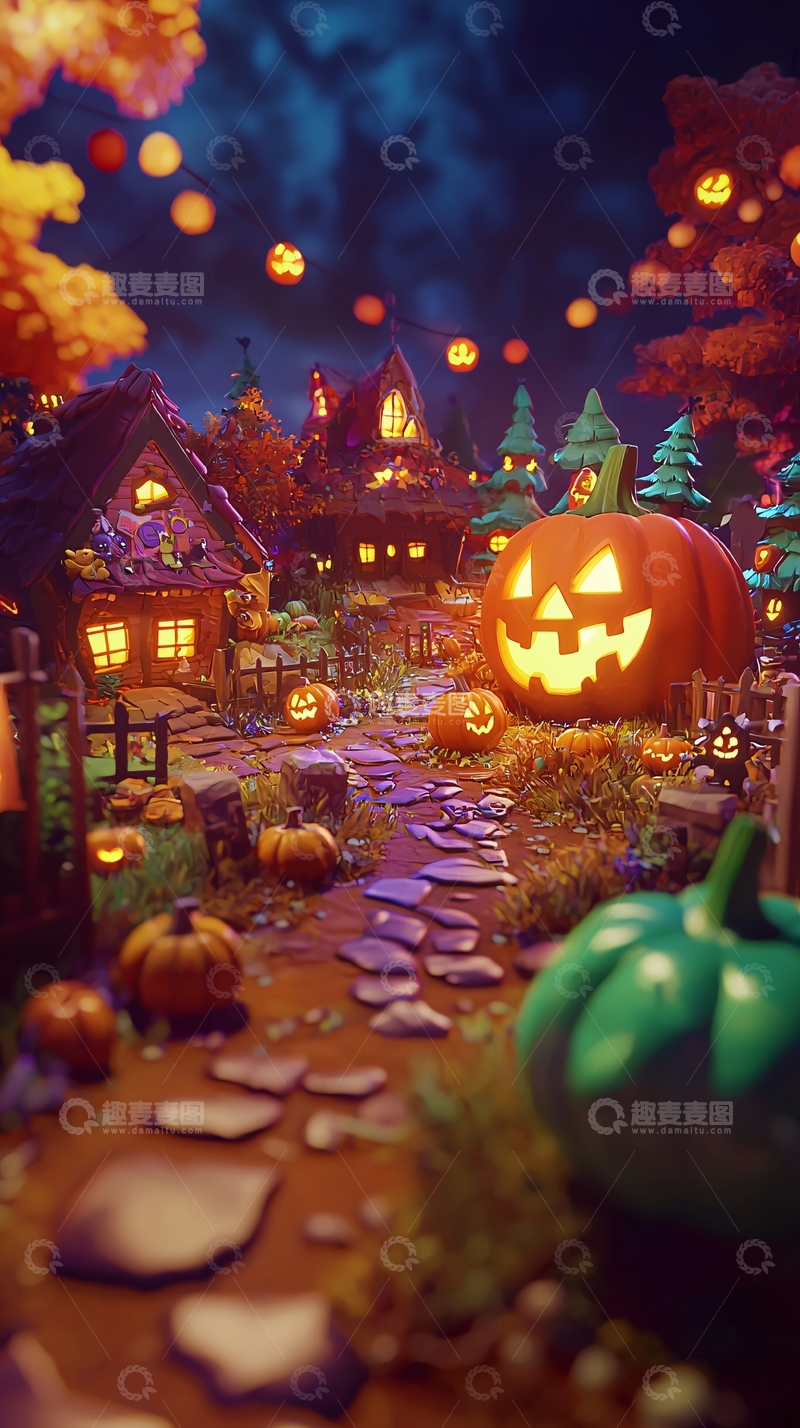 高清大图下载【趣麦麦图】万圣节南瓜村庄夜景