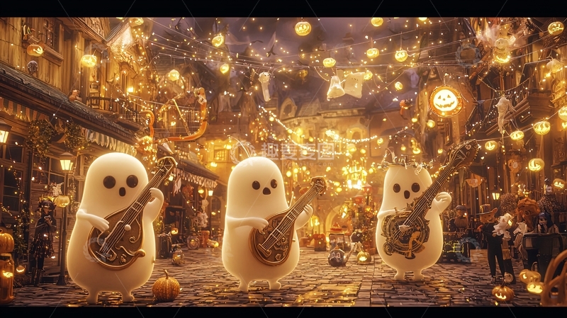高清大图下载【趣麦麦图】万圣节街头音乐演奏鬼魂