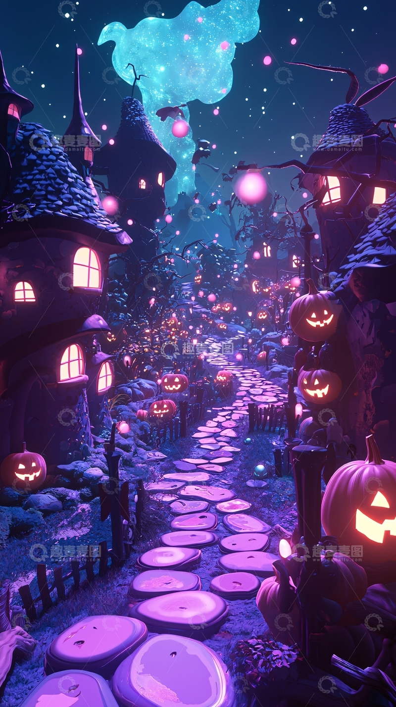 高清大图下载【趣麦麦图】万圣节夜晚南瓜灯小径