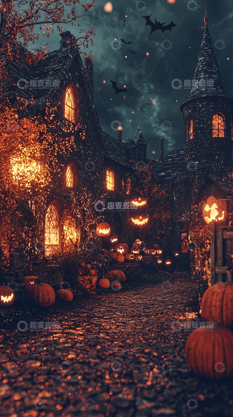 高清大图下载【趣麦麦图】万圣节南瓜灯古堡夜景