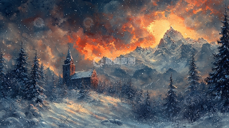 高清大图下载【趣麦麦图】冬日群山环绕下雪松掩映的古楼