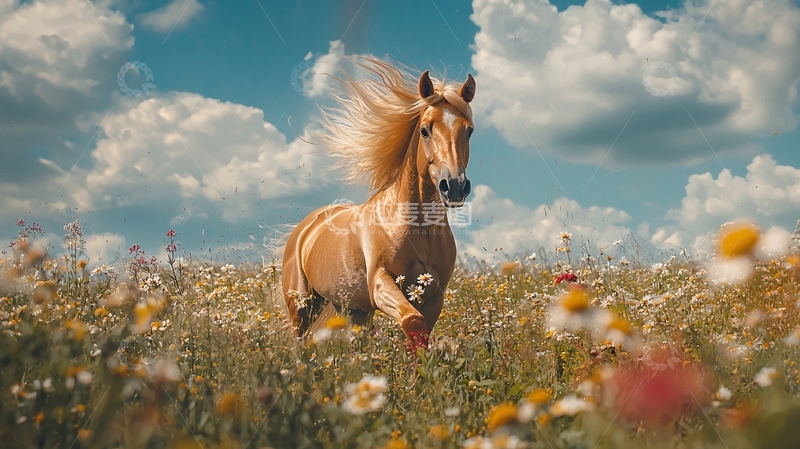 高清大图下载【趣麦麦图】骏马奔腾于花海之中