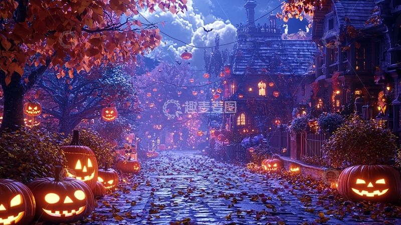 高清大图下载【趣麦麦图】万圣节夜晚南瓜灯装饰街道