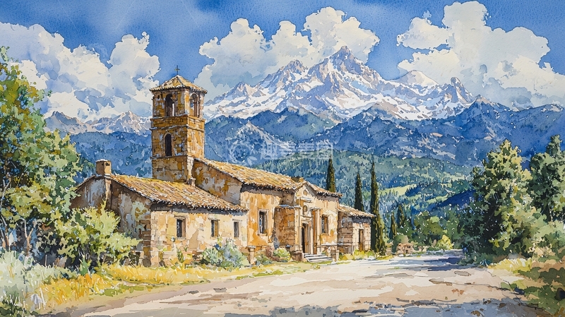 高清大图下载【趣麦麦图】雪山脚下松林掩映的古楼阁与蓝天