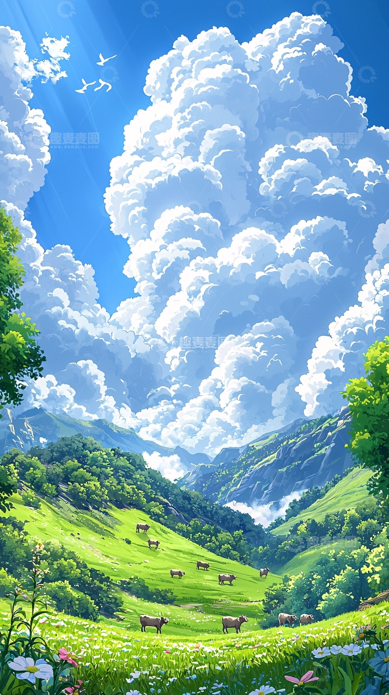 高清大图下载【趣麦麦图】卡通高原牧场与牛群